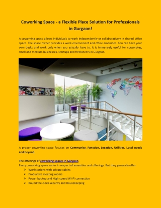 Coworking Space - a Flexible Place Solution for Professionals in Gurgaon!