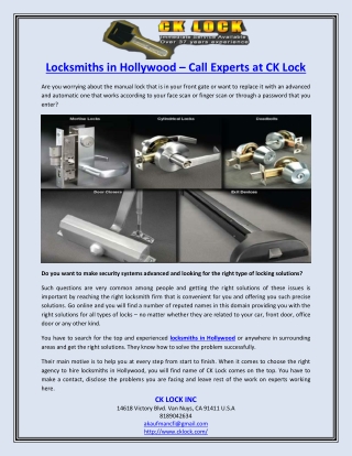 Locksmiths in Hollywood – Call Experts at CK Lock