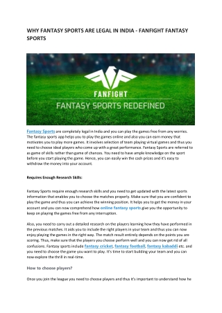 Why Fantasy Sports are Legal in India - FanFight Fantasy Sports