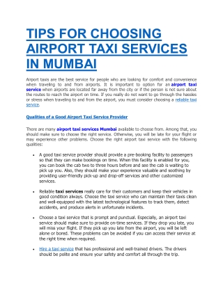 TIPS FOR CHOOSING AIRPORT TAXI SERVICES IN MUMBAI