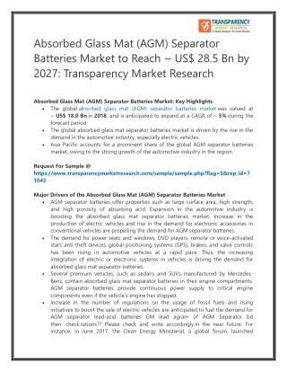 Absorbed Glass Mat (AGM) Separator Batteries Market to Reach ~ US$ 28.5 Bn by 2027: Transparency Market Research