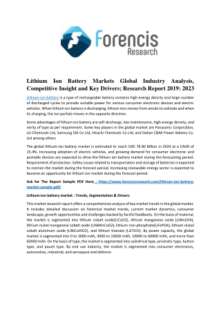 Lithium Ion Battery Market Global Industry Analysis, Competitive Insight And Key Drivers; Research Report 2019 : 2023