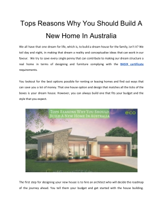 Tops Reasons Why You Should Build A New Home In Australia