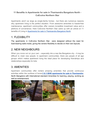 11 Benefits in Apartments for sale in Thanisandra Bangalore North - CoEvolve Northern Star