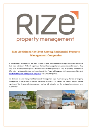 Rize Acclaimed the Best Among Residential Property Management Companies