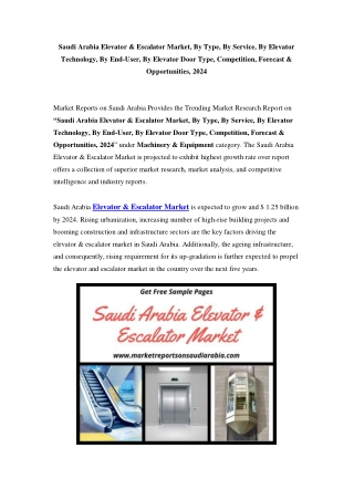 Saudi Arabia Elevator & Escalator Market: Growth, Opportunity and Forecast Till 2024