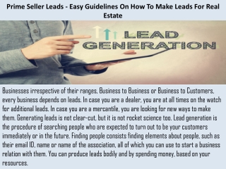 Prime Seller Leads - Easy Guidelines On How To Make Leads For Real Estate