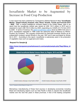 Isoxaflutole Market to be Augmented by Increase in Food Crop Production