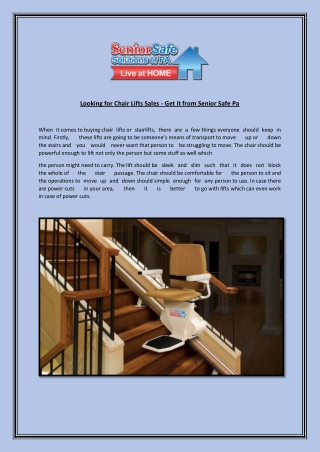 Looking for Chair Lifts Sales - Get it from Senior Safe Pa