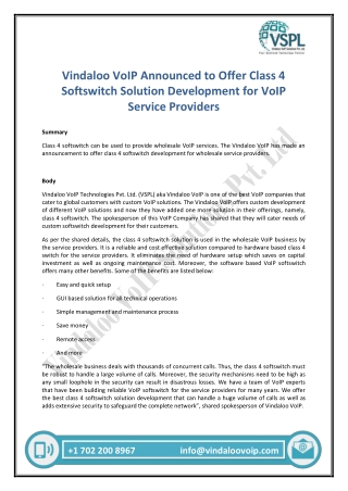 Vindaloo VoIP Announced to Offer Class 4 Softswitch Solution Development for VoIP Service Providers