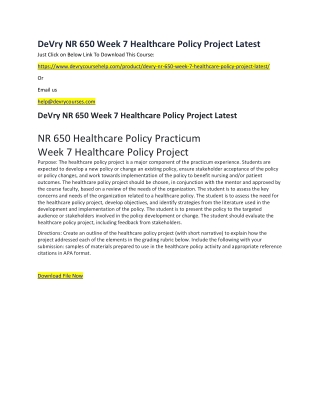 DeVry NR 650 Week 7 Healthcare Policy Project Latest