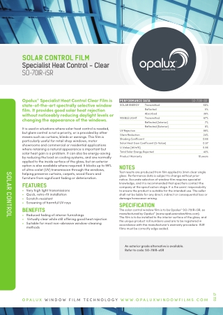 SOLAR CONTROL FILM Specialist Heat Control - Clear SO-70IR-iSR