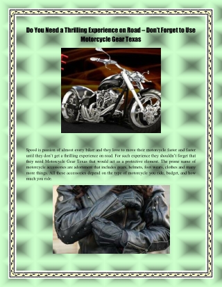 Do You Need a Thrilling Experience on Road – Don’t Forget to Use Motorcycle Gear Texas