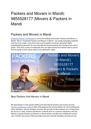 Packers and Movers in Mandi| 9855528177 |Movers & Packers in Mandi