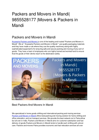 Packers and Movers in Mandi| 9855528177 |Movers & Packers in Mandi