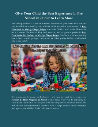 Give Your Child the Best Experience in Pre School in Jaipur to Learn More
