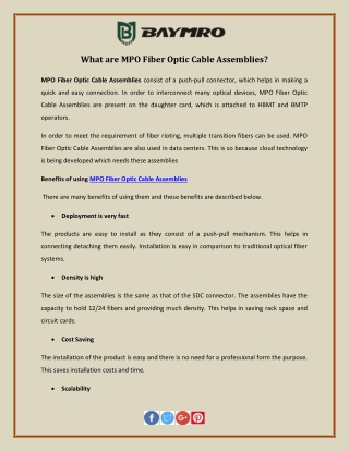 What are MPO Fiber Optic Cable Assemblies?