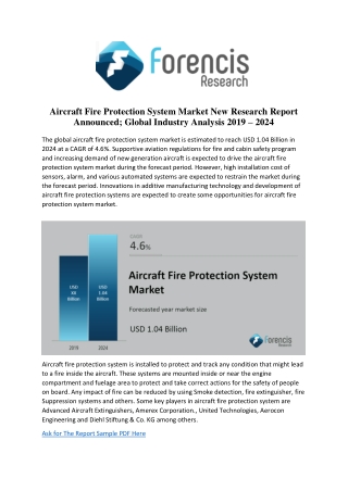 Aircraft Fire Protection System Market New Research Report Announced; Global Industry Analysis 2019 - 2023