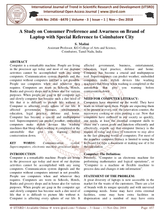 A Study on Consumer Preference and Awarness on Brand of Laptop with Special Reference to Coimbatore City