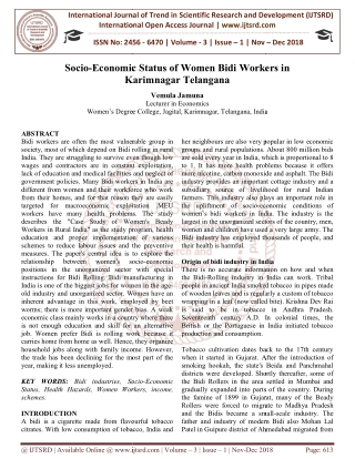 Socio Economic Status of Women Bidi Workers in Karimnagar Telangana