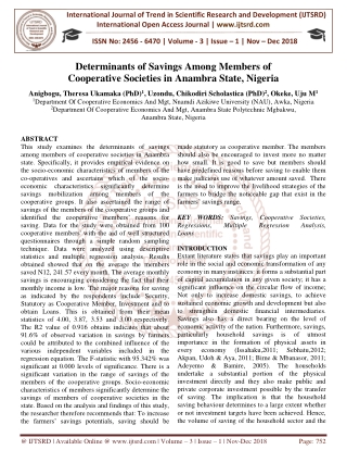 Determinants of Savings Among Members of Cooperative Societies in Anambra State, Nigeria