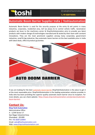 Automatic Boom Barrier Supplier India- Shop.toshiautomation