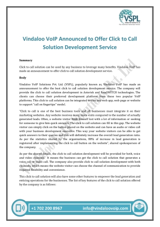 Vindaloo VoIP Announced to Offer Click to Call Solution Development Service