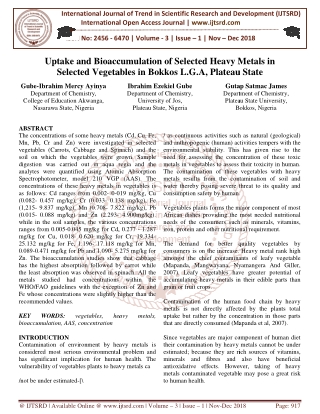 Uptake and Bioaccumulation of Selected Heavy Metals in Selected Vegetables in Bokkos L.G.A, Plateau State