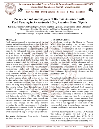 Prevalence and Antibiogram of Bacteria Associated with Food Vending in Awka South LGA, Anambra State, Nigeria