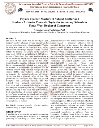 Physics Teacher Mastery of Subject Matter and Students Attitudes Towards Physics in Secondary Schools in South West Regi