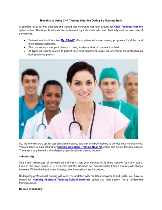 Benefits of Using CNA Training Near Me Opting By Nursing Staff