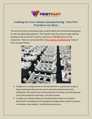 Looking for Low volume manufacturing - Fast Part Providers are Here