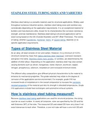 STAINLESS STEEL TUBING SIZES AND VARIETIES