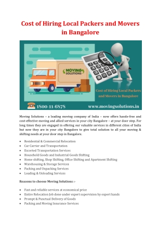Cost of Hiring Local Packers and Movers in Bangalore