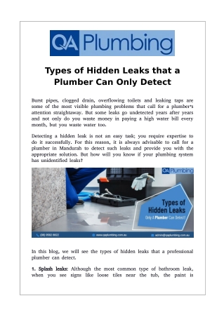 Types of Hidden Leaks that a Plumber Can Only Detect