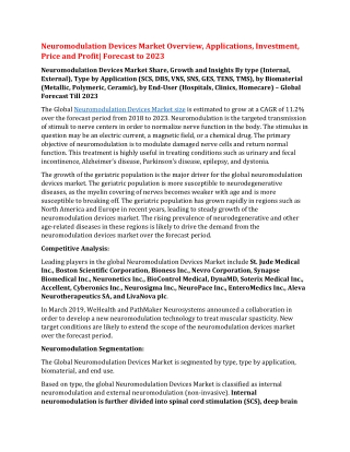 Neuromodulation Devices Market Overview, Applications, Investment, Price and Profit| Forecast to 2023