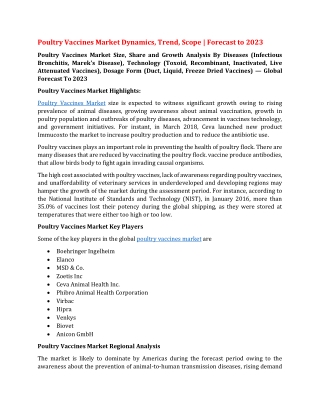 Poultry Vaccines Market Dynamics, Trend, Scope and| Forecast to 2023