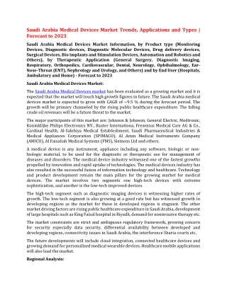 Saudi Arabia Medical Devices Market Trends, Applications and Types,| Forecast to 2023