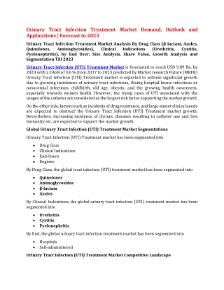 Urinary Tract Infection Treatment Market Demand, Future Outlook And Applications| Forecast to 2023