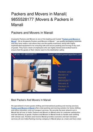 Packers and Movers in Manali| 9855528177 |Movers & Packers in Manali