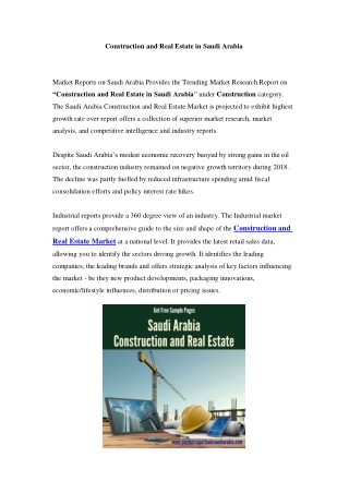 Saudi Arabia Construction and Real Estate Market: Industry Trends, Opportunity and Forecast Till 2023