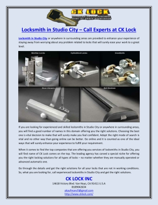 Locksmith in Studio City – Call Experts at CK Lock