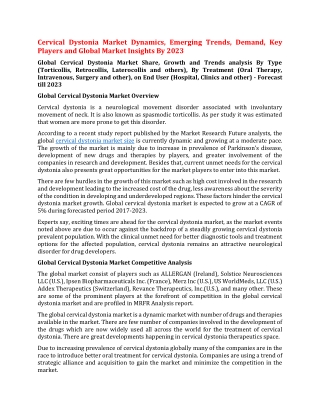 Cervical Dystonia Market Dynamics, Emerging Trends, Demand, Key Players and Global Market Insights By 2023
