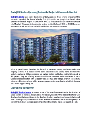 Godrej RK Studio - Upcoming Residential Project at Chembur in Mumbai