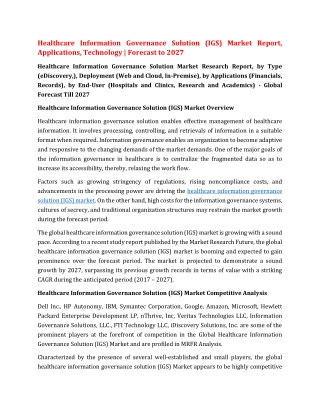 Healthcare Information Governance Solution (IGS) Market Report, Applications, Technology | Forecast to 2027