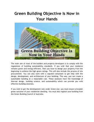 Green Building Objective Is Now in Your Hands