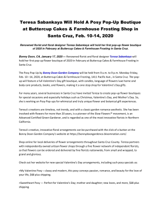 Teresa Sabankaya Will Hold A Posy Pop-Up Boutique at Buttercup Cakes & Farmhouse Frosting Shop