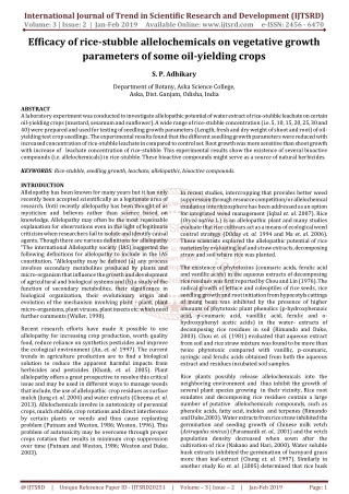 Efficacy of rice stubble allelochemicals on vegetative growth parameters of some oil yielding crops