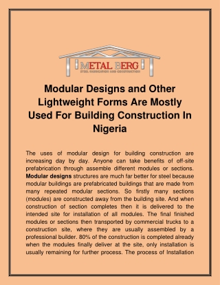 Modular Designs and Other Lightweight Forms Are Mostly Used For Building Construction In Nigeria