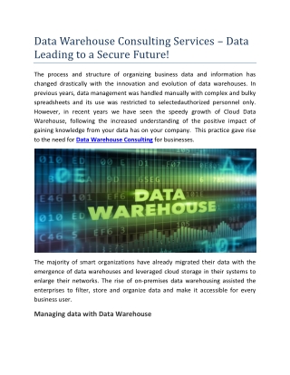 Data Warehouse Consulting Services – Data Leading to a Secure Future!